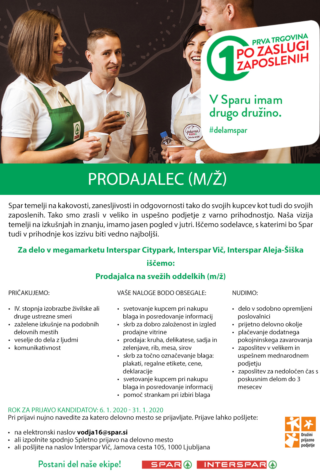 Prodajalec (m/ž) na svežih oddelkih - Interspar Citypark, Interspar Vič, Interspar Aleja - Šiška