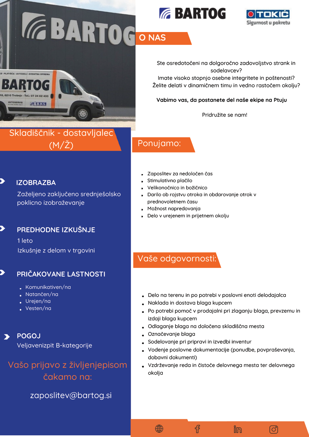 Skladiščnik - dostavljalec m/ž Ptuj