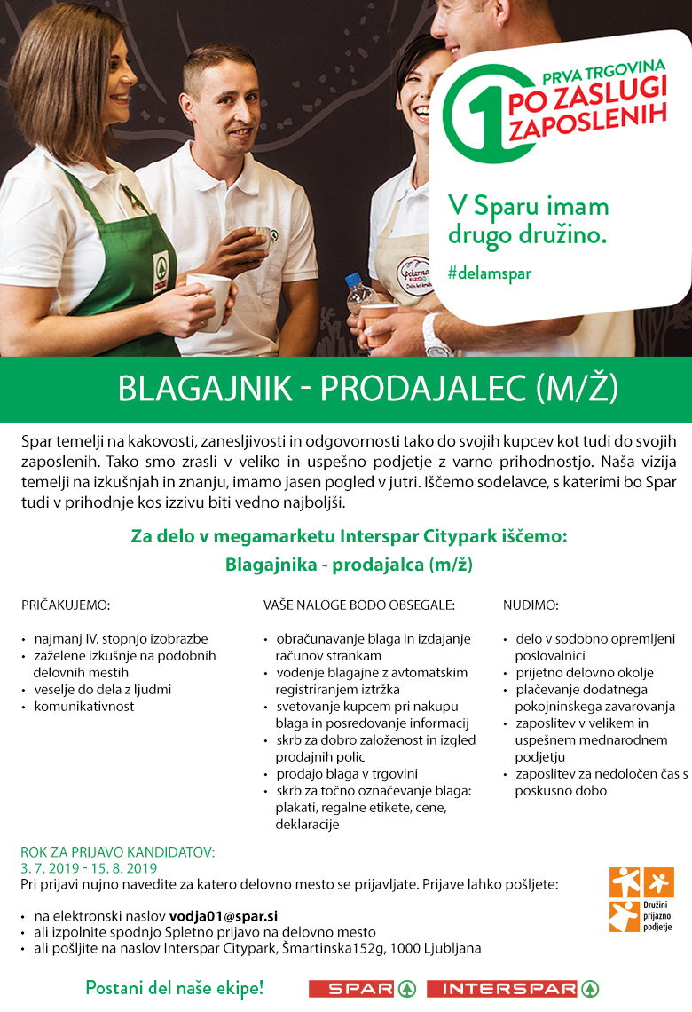 Blagajnik - prodajalec (m/ž) - Interspar Citypark