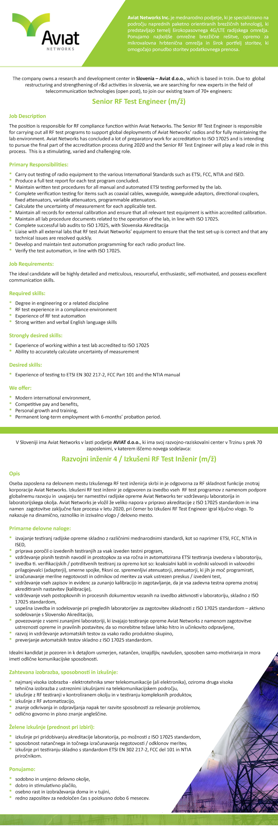 Razvojni inženir 4 / Izkušeni RF Test Inženir (m/ž) / Senior RF Test Engineer (m/f)