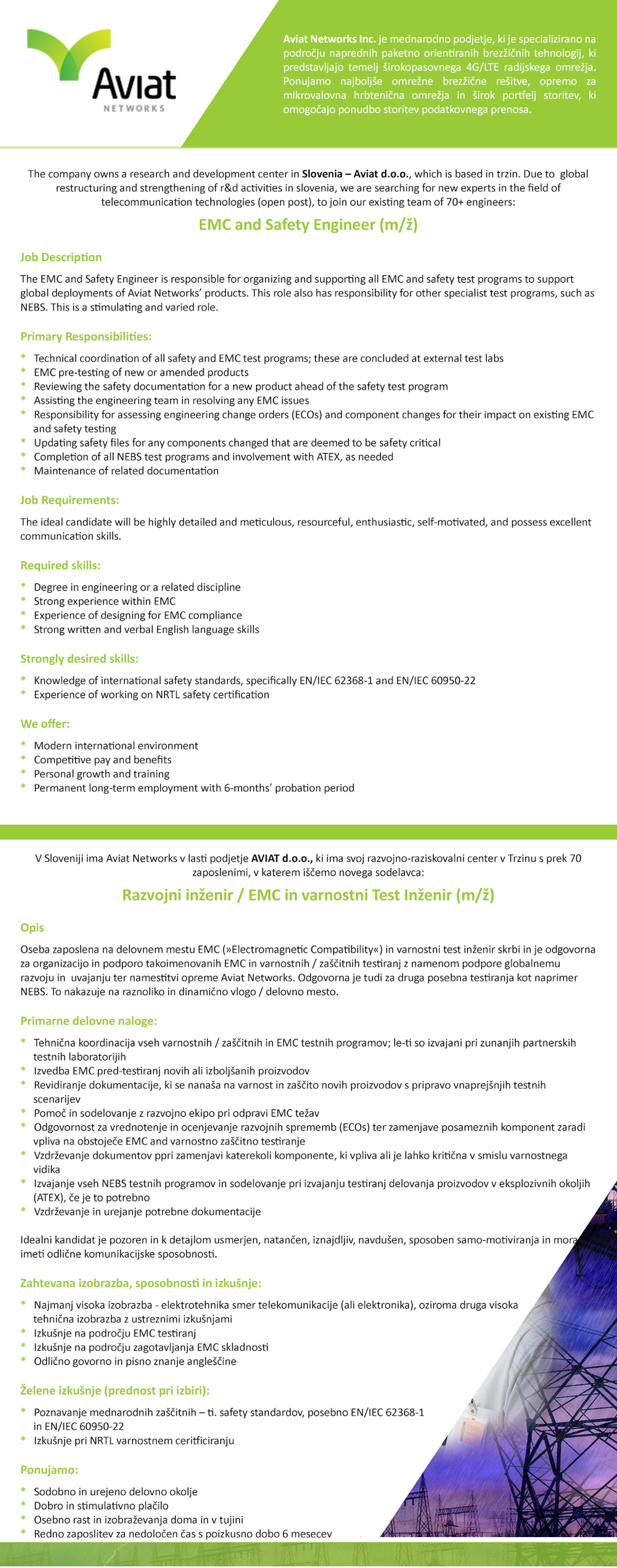 Razvojni inženir / EMC in varnostni Test Inženir (m/ž) / EMC and Safety Engineer (m/f)