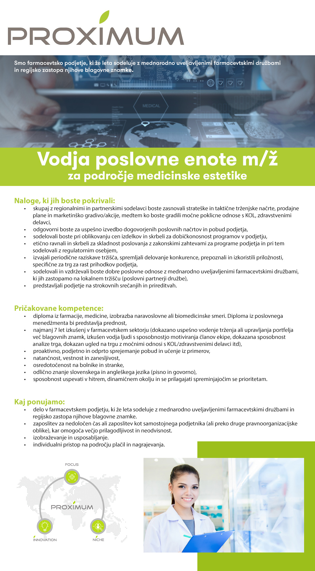 Vodja poslovne enote m/ž za področje medicinske estetike