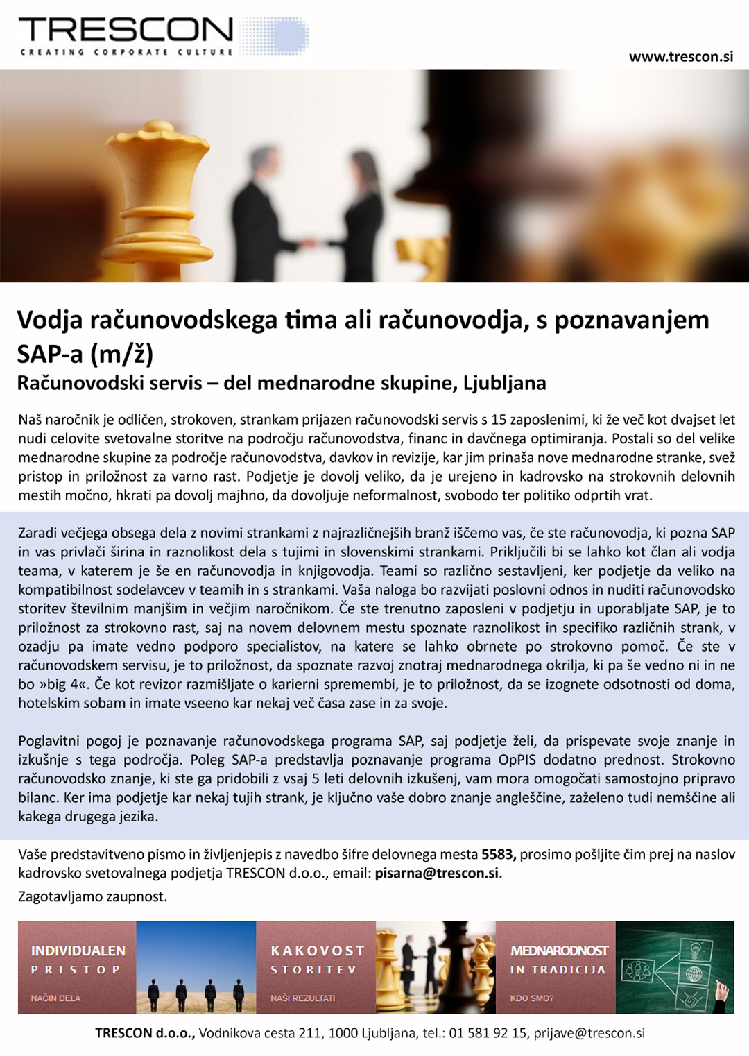 Vodja računovodskega tima ali računovodja, s poznavanjem SAP-a (m/ž)