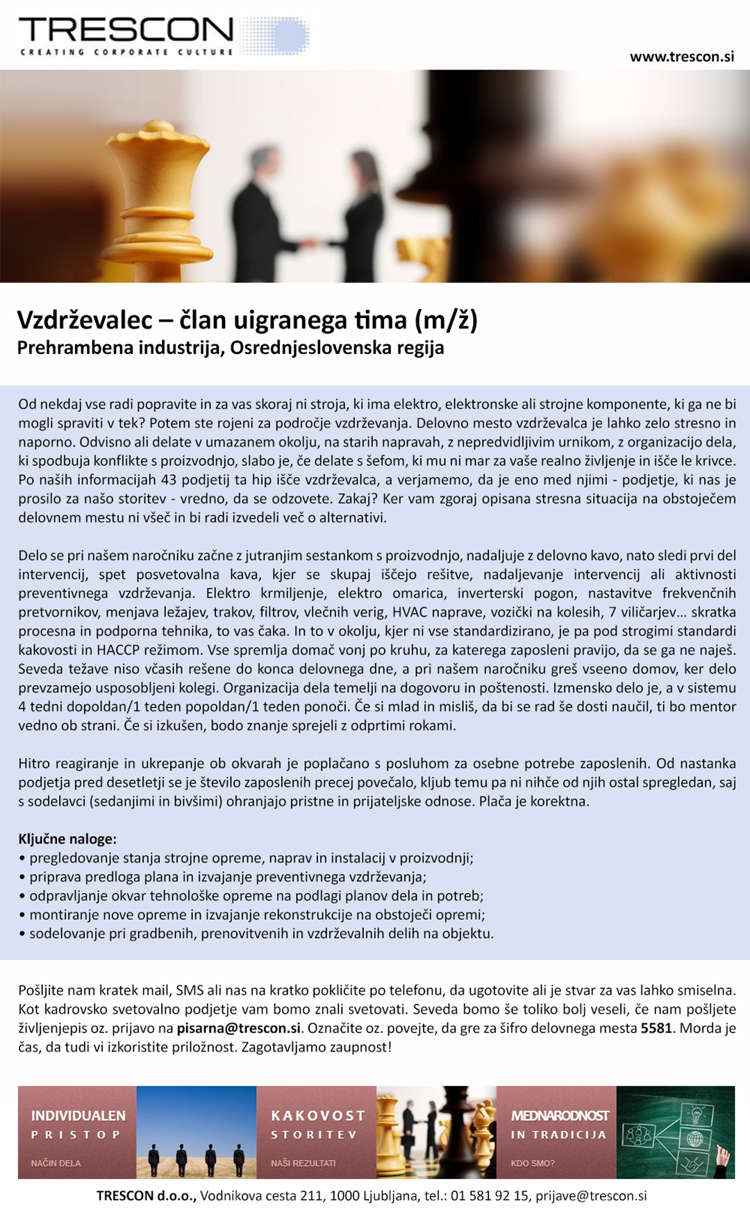 Vzdrževalec – član uigranega tima (m/ž)
