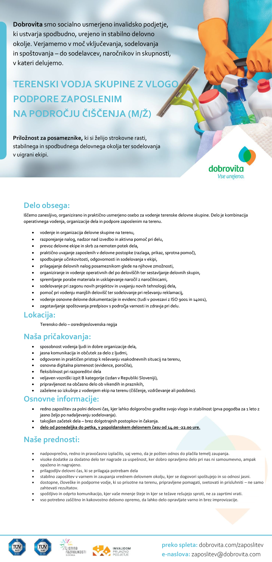 Terenski vodja skupine z vlogo podpore zaposlenim na področju čiščenja (m/ž) Ljubljana
