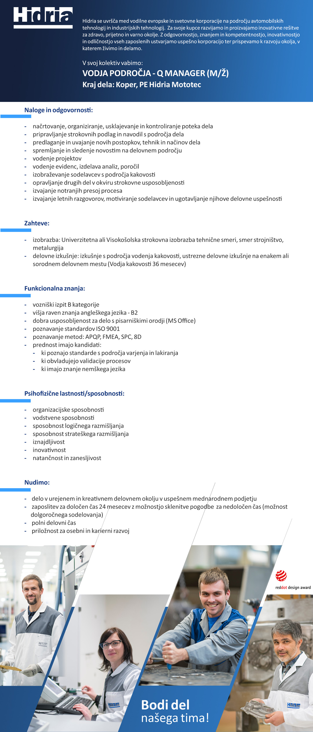 Vodja področja - Q Manager (m/ž) - PE HIDRIA Mototec