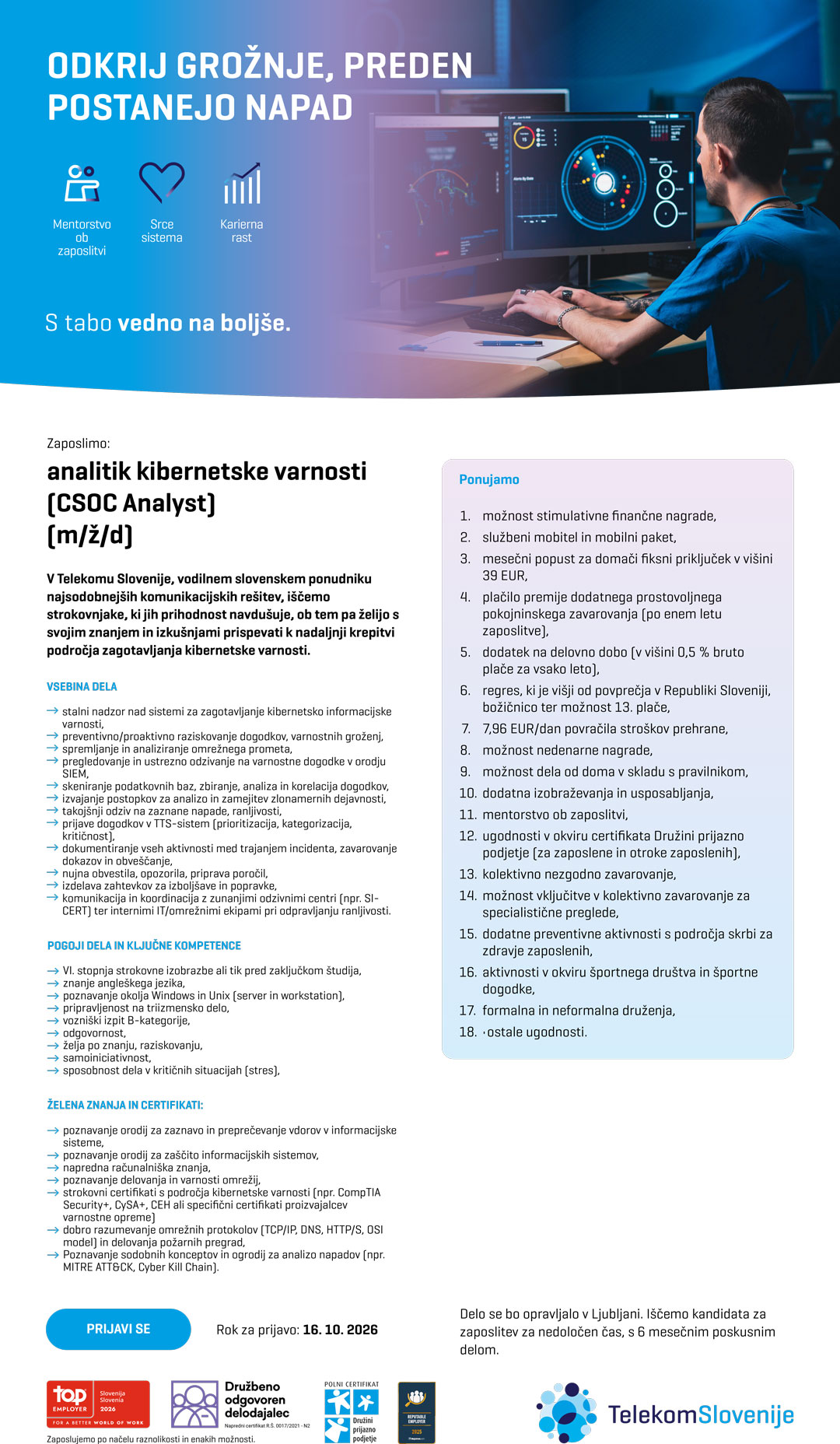 Analitik kibernetske varnosti (CSOC Analyst) (m/ž/d)