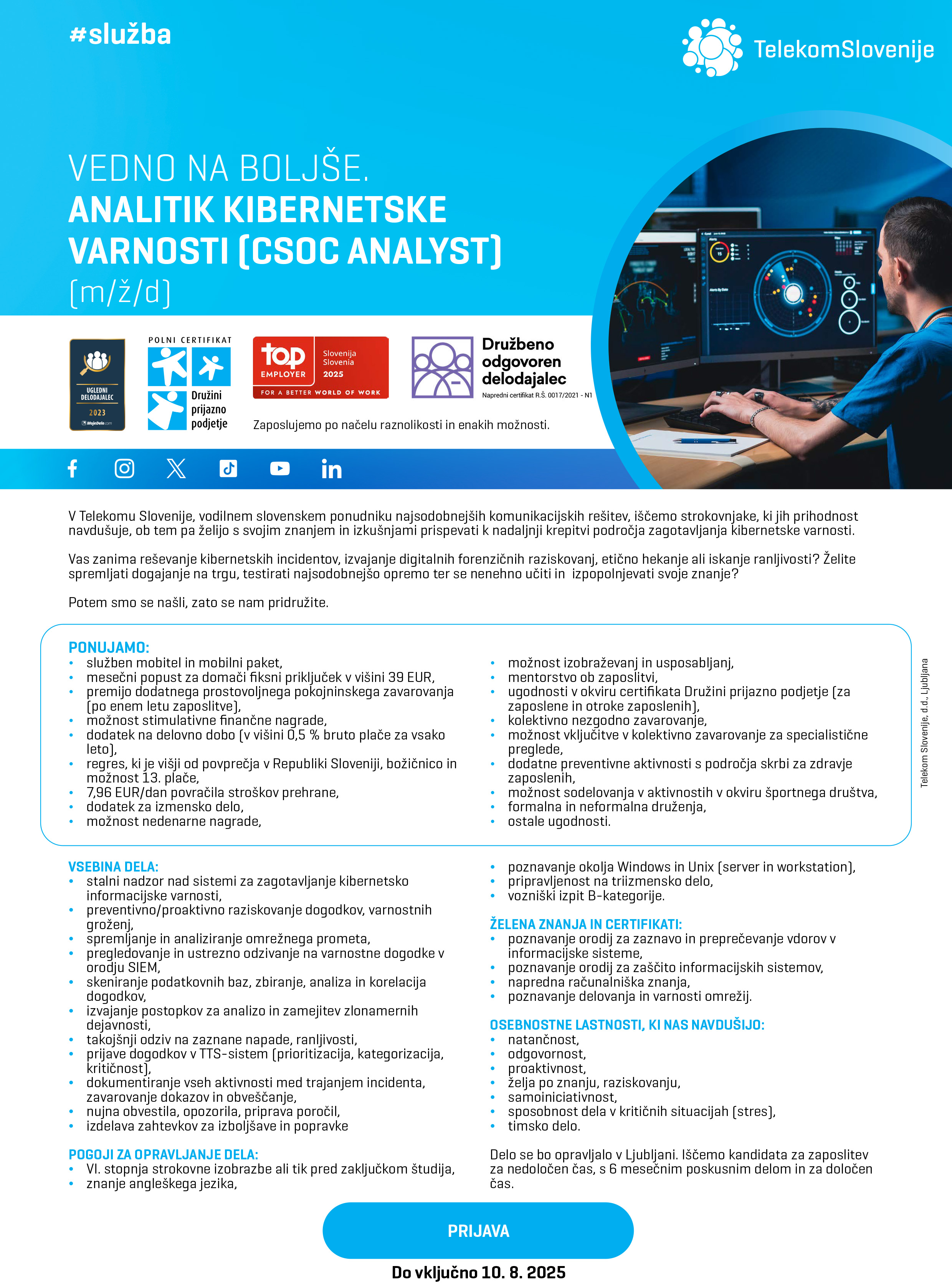 Analitik kibernetske varnosti (CSOC Analyst) (m/ž/d)