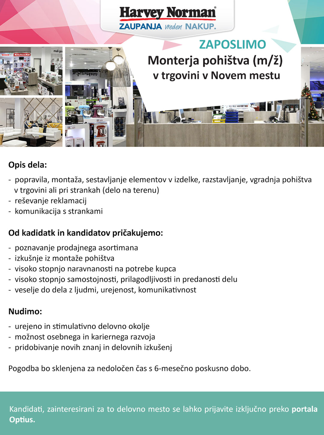Monter pohištva (m/ž) v trgovini v Novem mestu