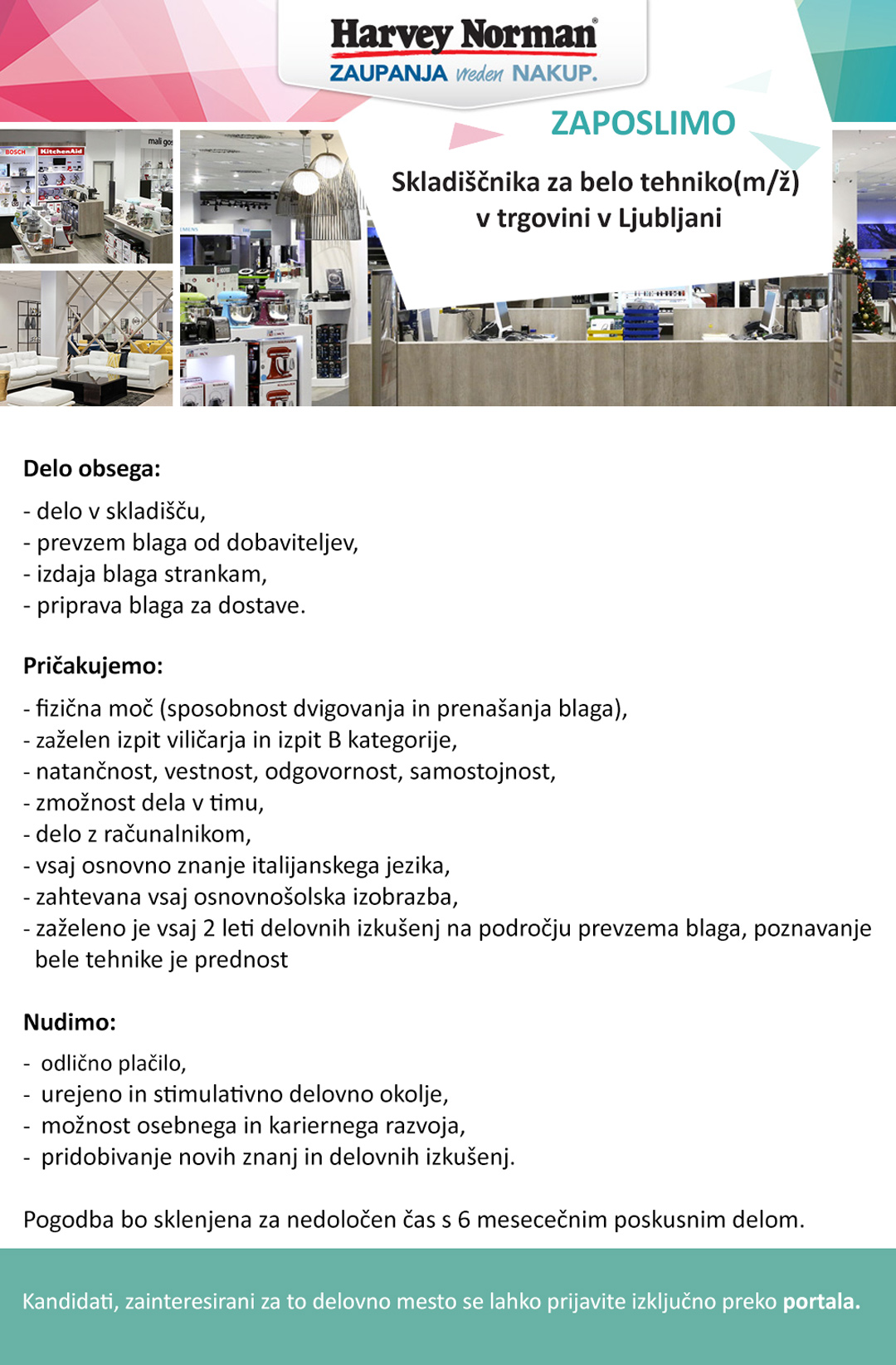 Skladiščnik za belo tehniko (m/ž) v trgovini v Ljubljani