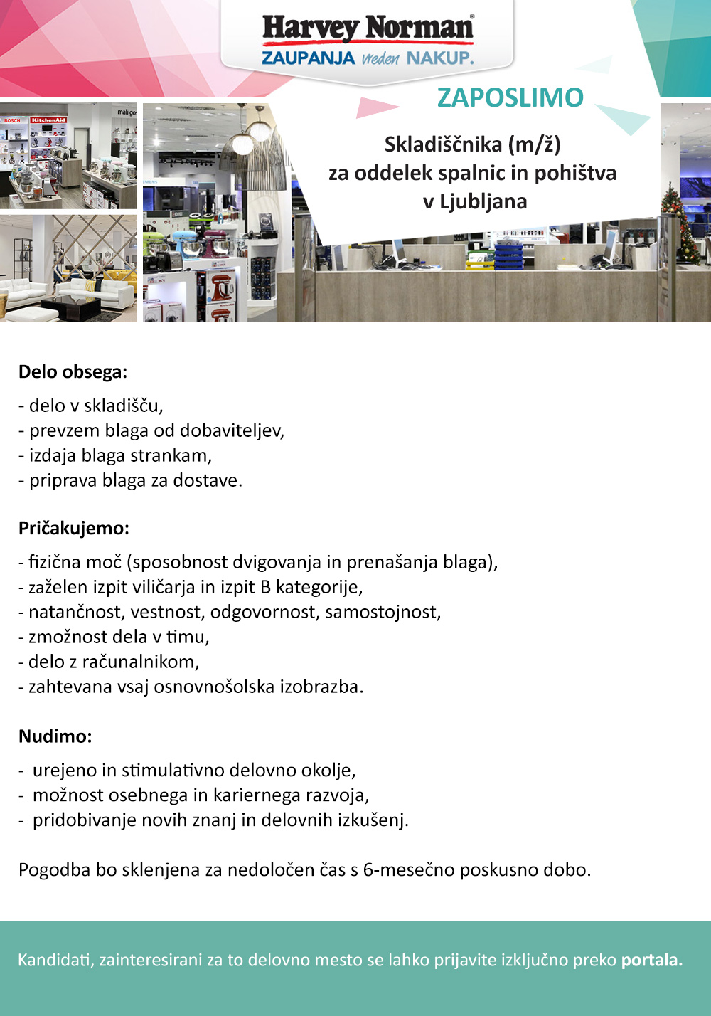 Skladiščnik (m/ž) za oddelek spalnic in pohištva v Ljubljani