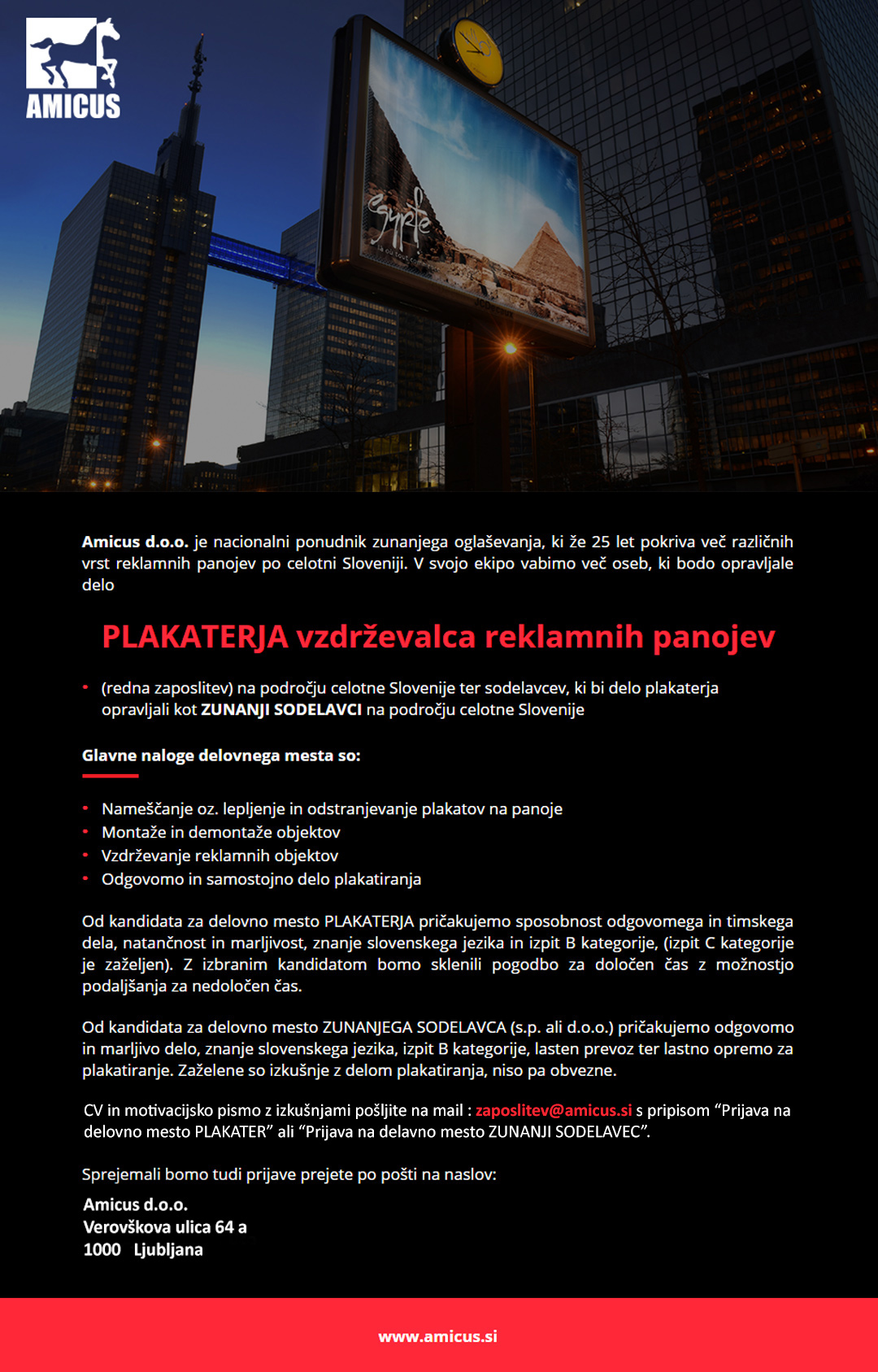 Plakater - vzdrževalec reklamnih panojev (m/ž) - več prostih mest