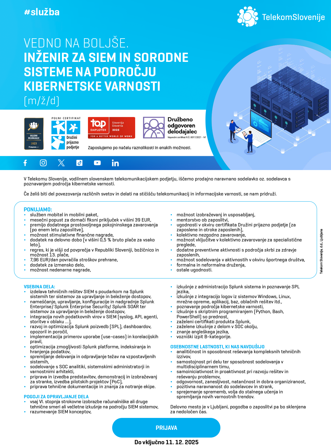 Inženir za SIEM in sorodne sisteme na področju kibernetske varnosti (m/ž/d)