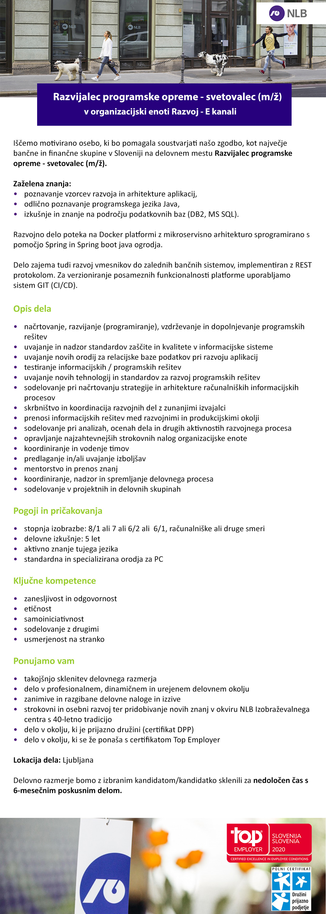 Razvijalec programske opreme - svetovalec (m/ž) v organizacijski enoti Razvoj - E kanali