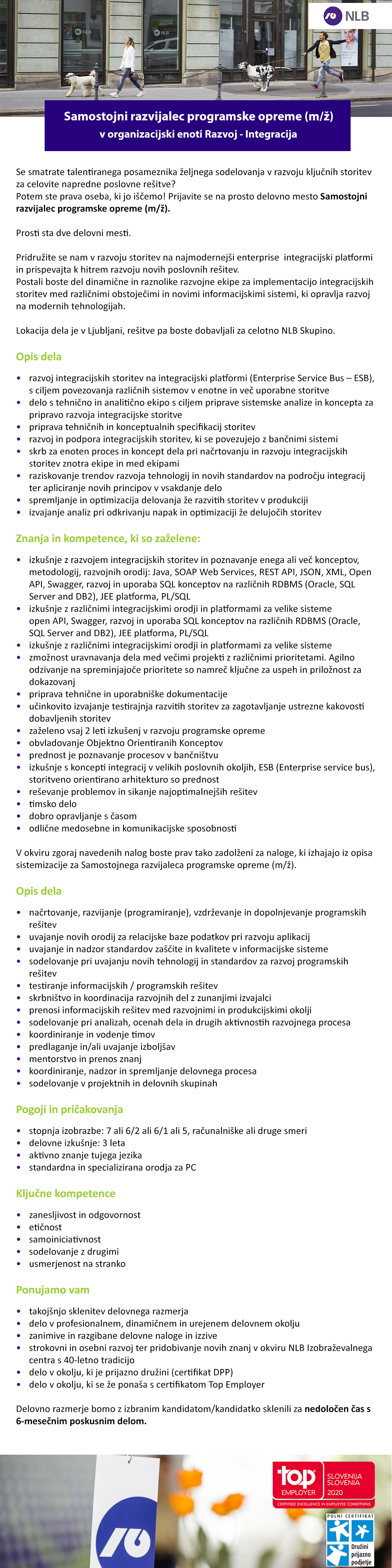 Samostojni razvijalec programske opreme na integracijski platformi - Integration Developer - (m/ž) v organizacijski enoti Razvoj - Integracija