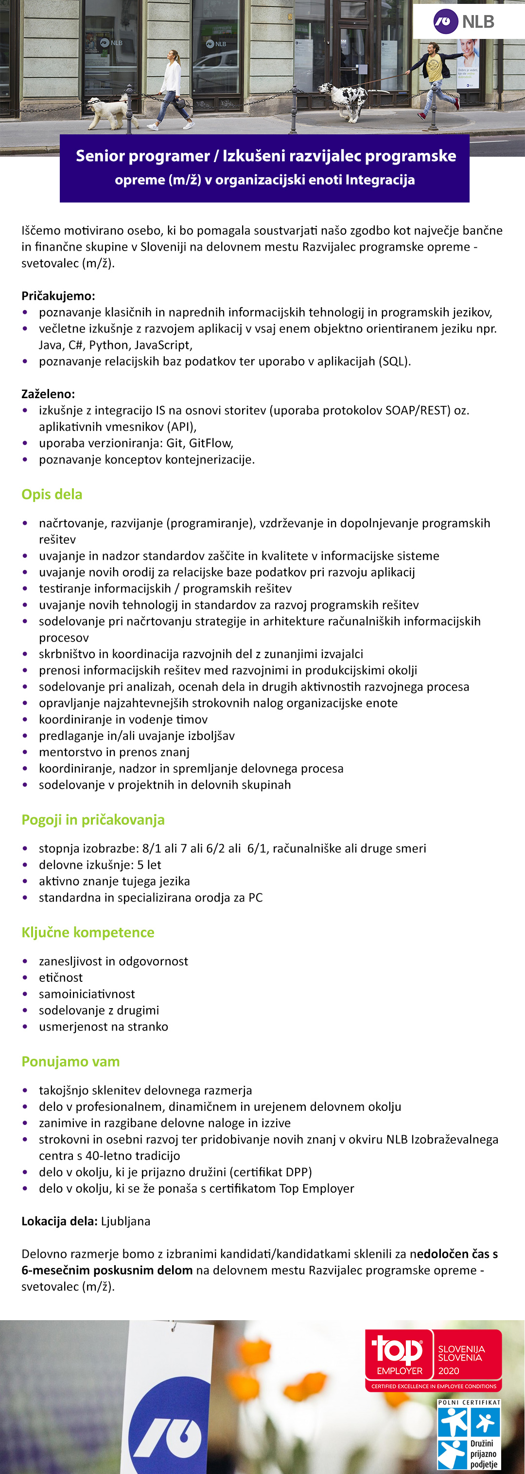 Senior programer / Izkušeni razvijalec programske opreme (m/ž) v organizacijski enoti Integracija