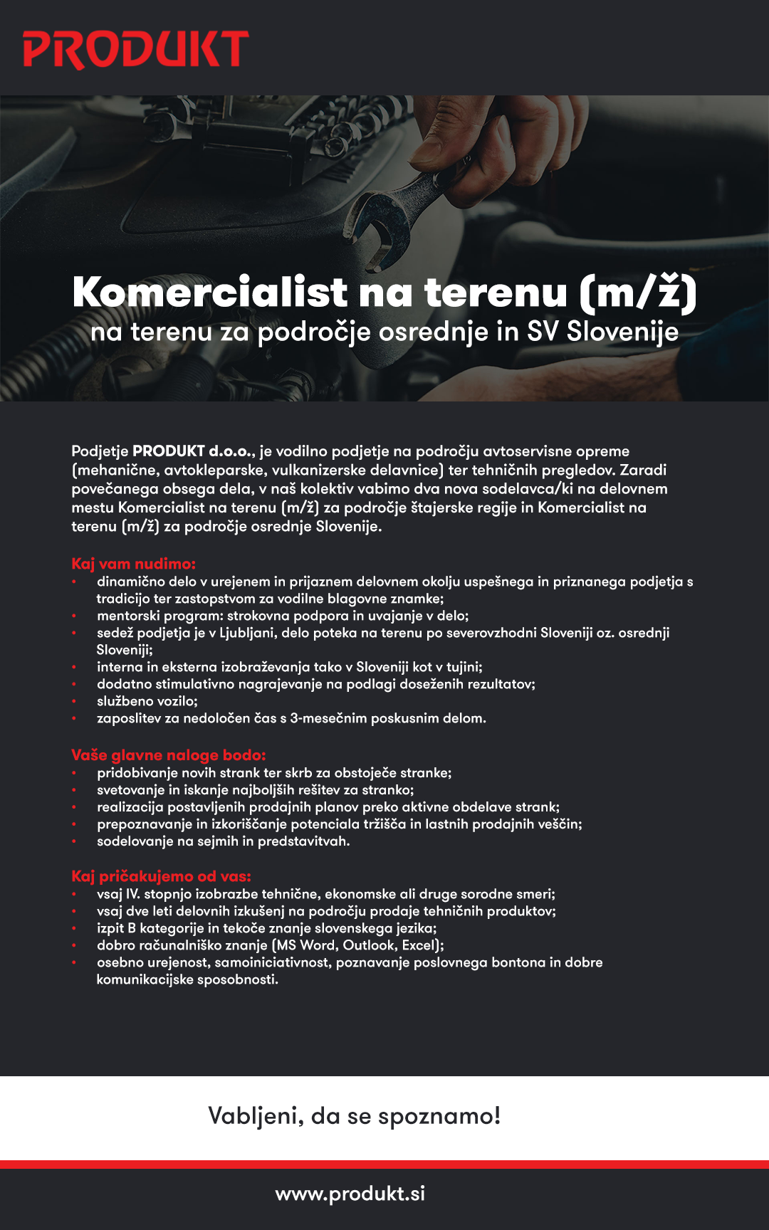 Komercialist na terenu (m/ž) na terenu za področje osrednje in SV Slovenije