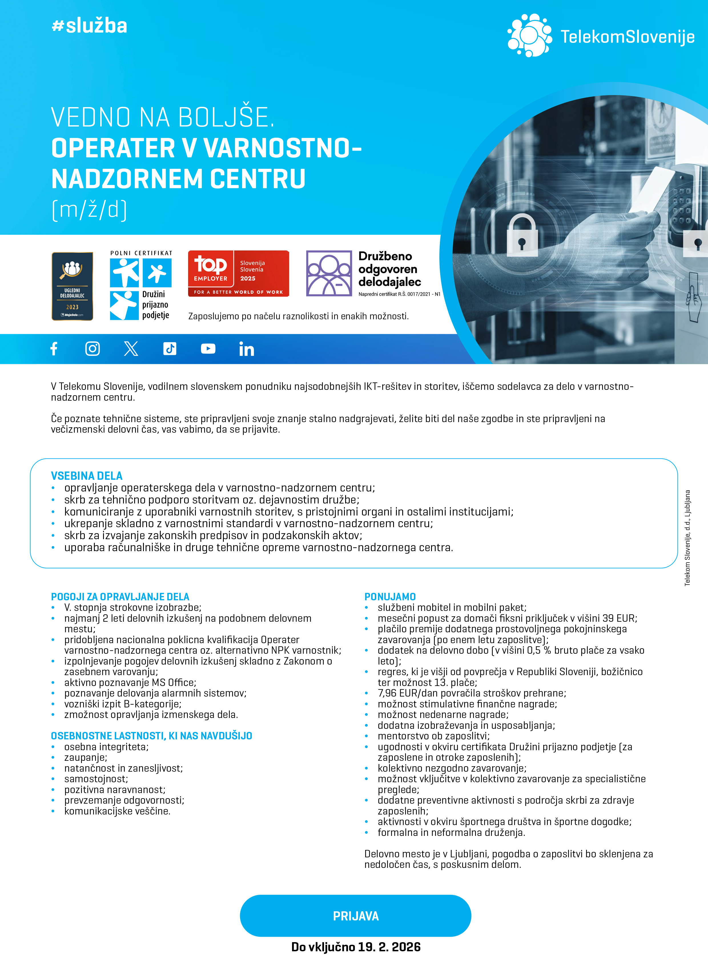 Operater v varnostno - nadzornem centru  (m/ž/d)