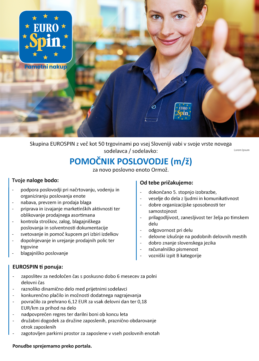 Pomočnik poslovodje (m/ž) - za novo poslovno enoto Ormož