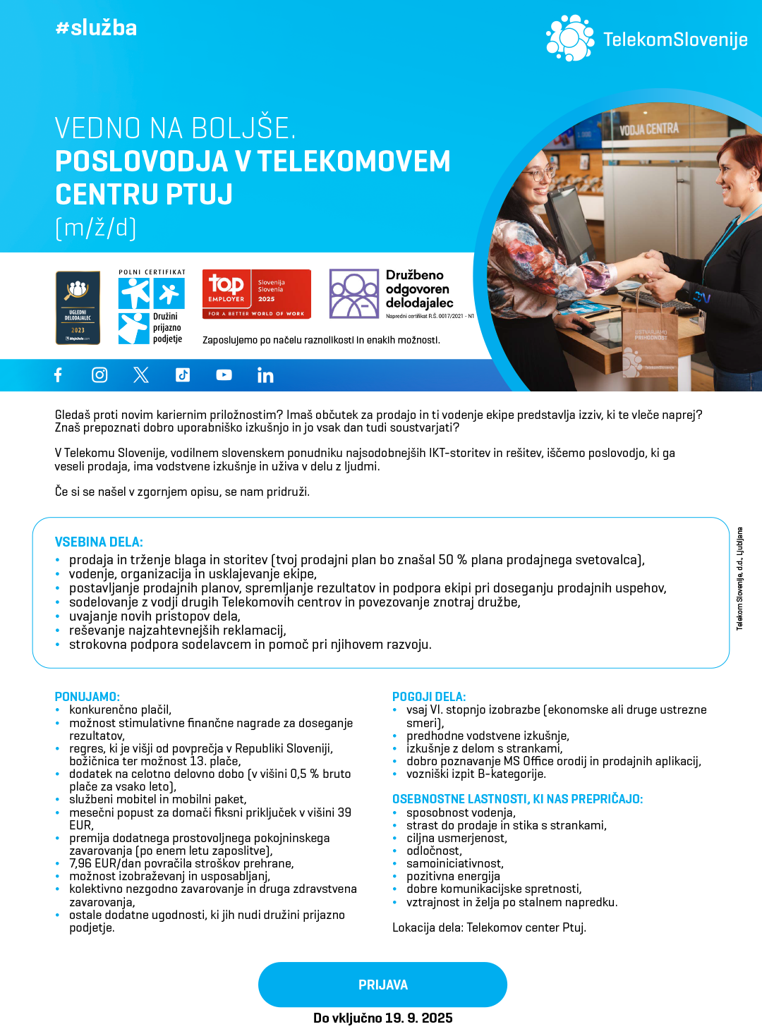 Poslovodja v Telekomovem centru Ptuj  (m/ž/d)
