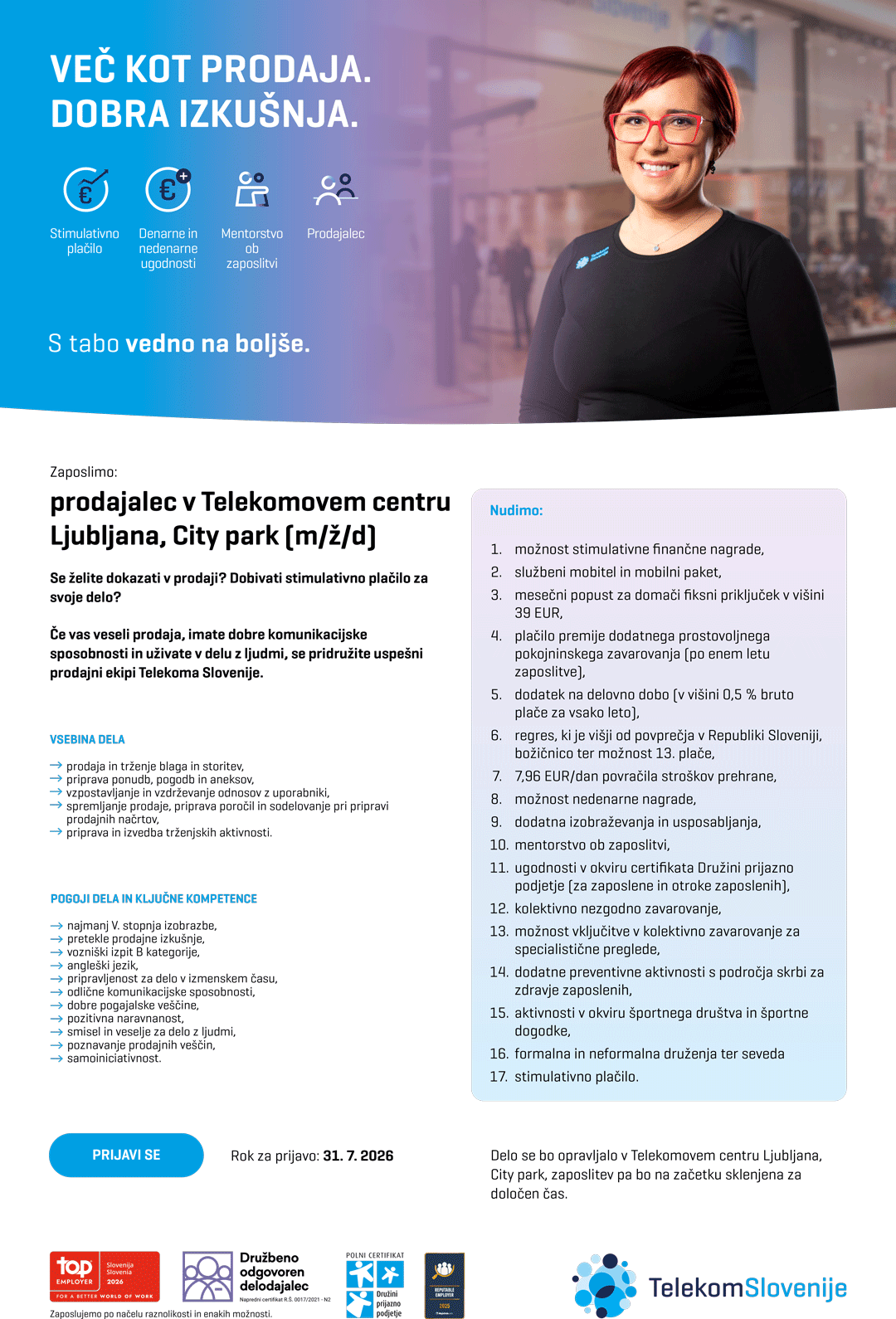 Prodajalec v Telekomovem centru Ljubljana (m/ž/d)