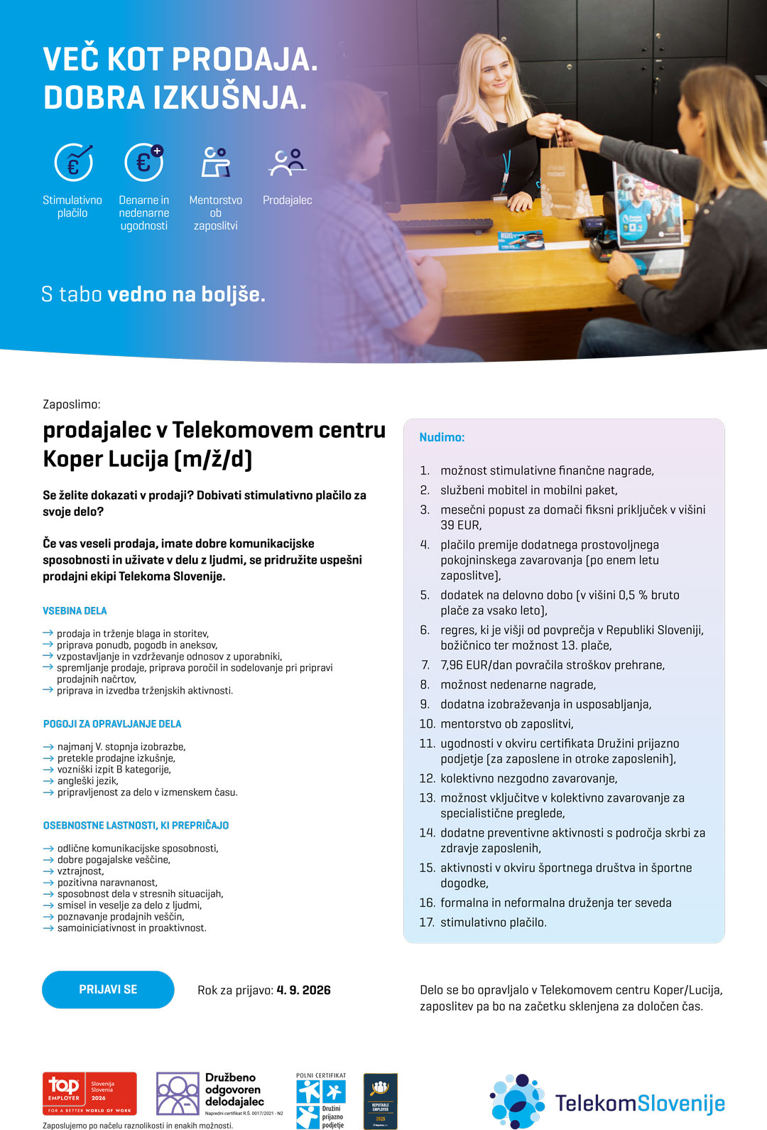 Prodajalec v Telekomovem centru Koper/Lucija (m/ž/d)