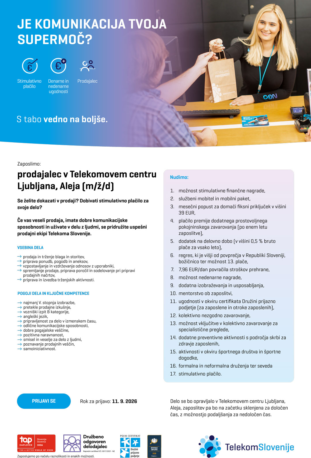 Prodajalec v Telekomovem centru Ljubljana, Aleja (m/ž/d)