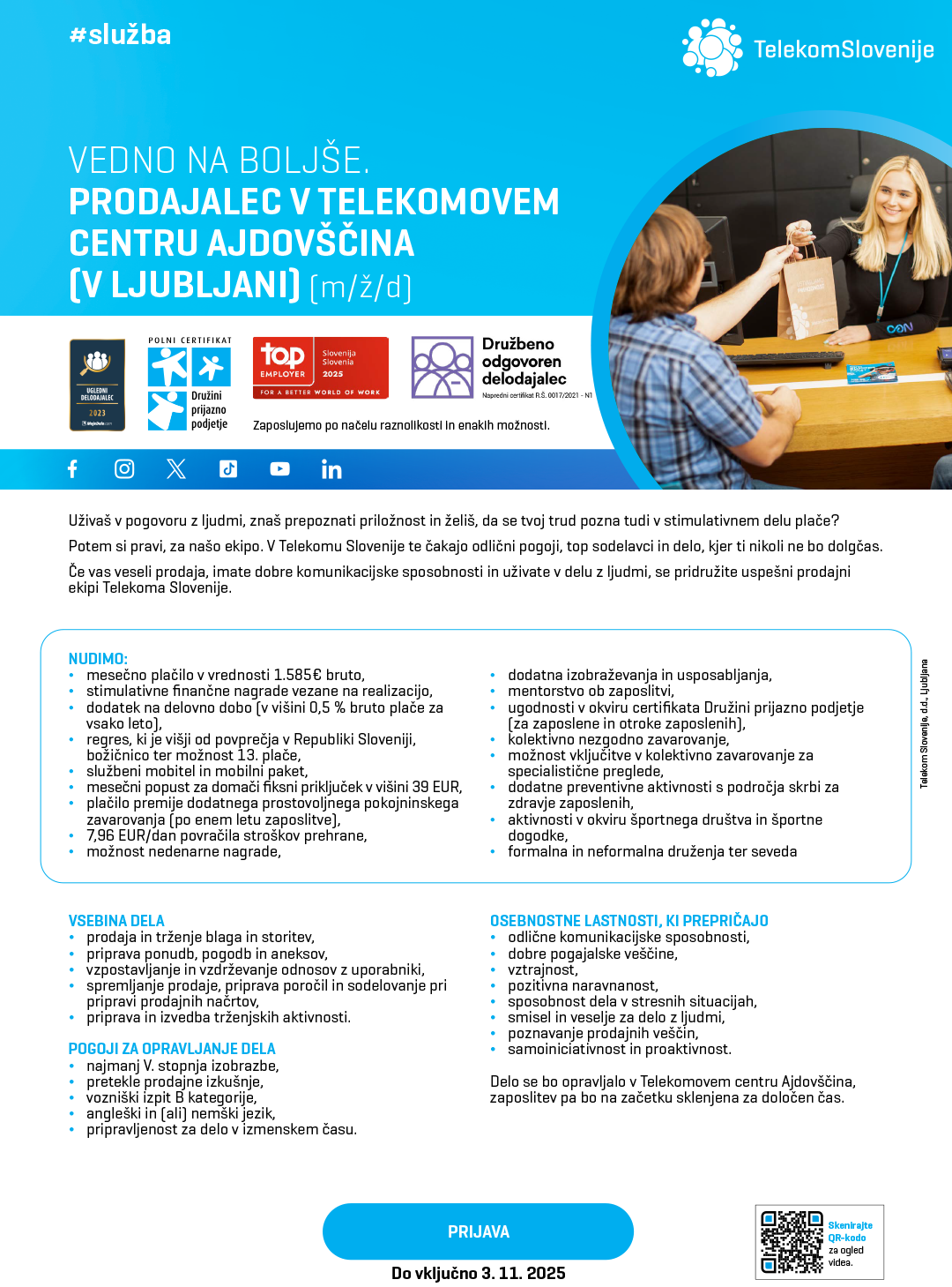 Prodajalec v Telekomovem centru Ajdovščina (v Ljubljani) (m/ž/d)