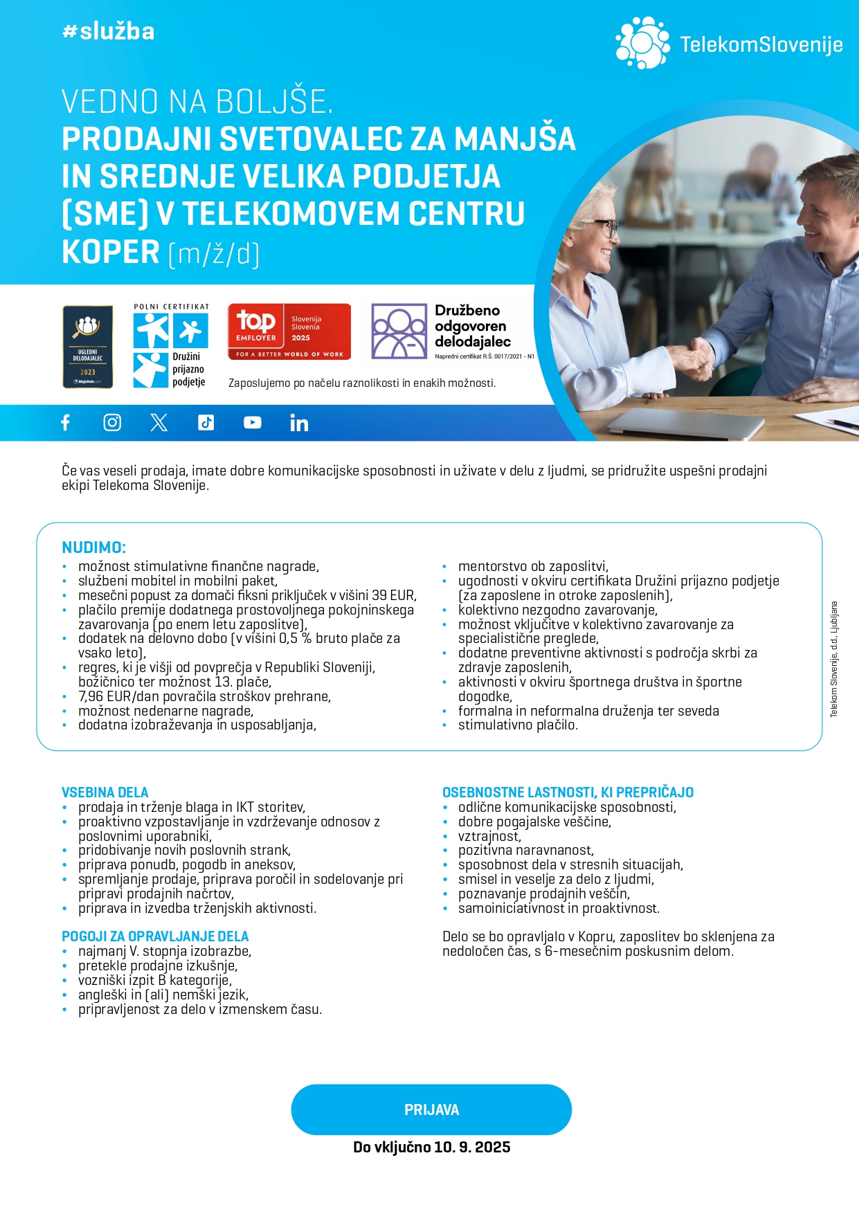 Prodajni svetovalec za manjša in srednje velika podjetja (SME) v Telekomovem centru Koper (m/ž/d)