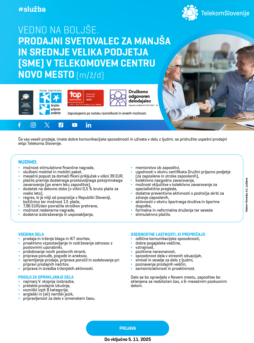 Prodajni svetovalec za manjša in srednje velika podjetja (SME) v Telekomovem centru Novo mesto (m/ž/d)