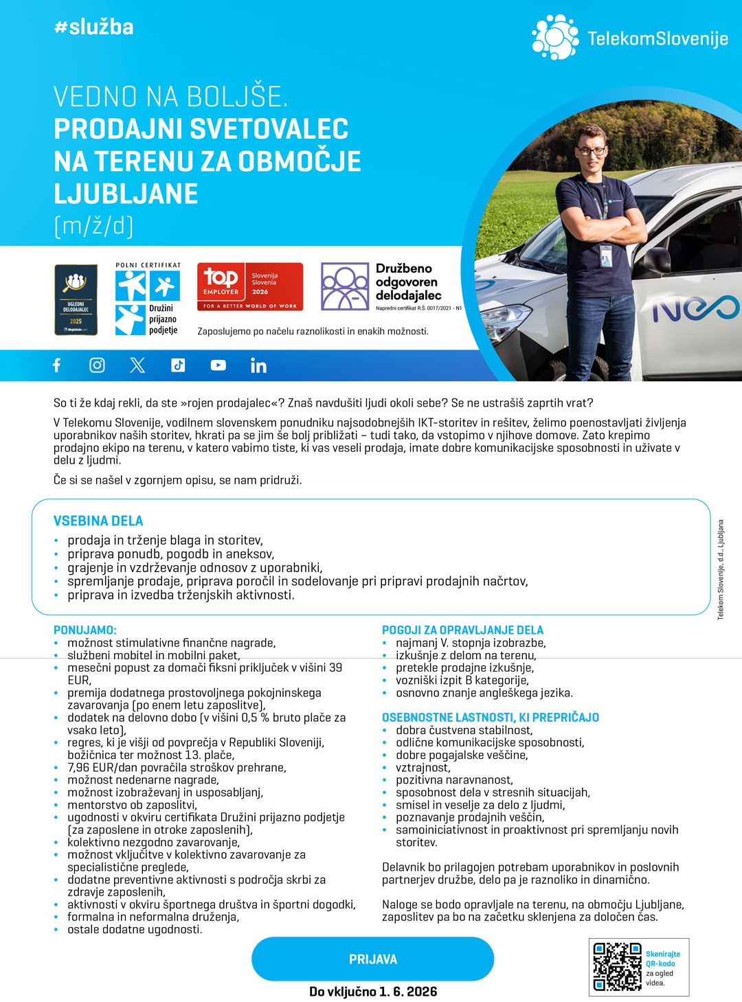 Prodajni svetovalec na terenu za območje Ljubljane (m/ž/d)
