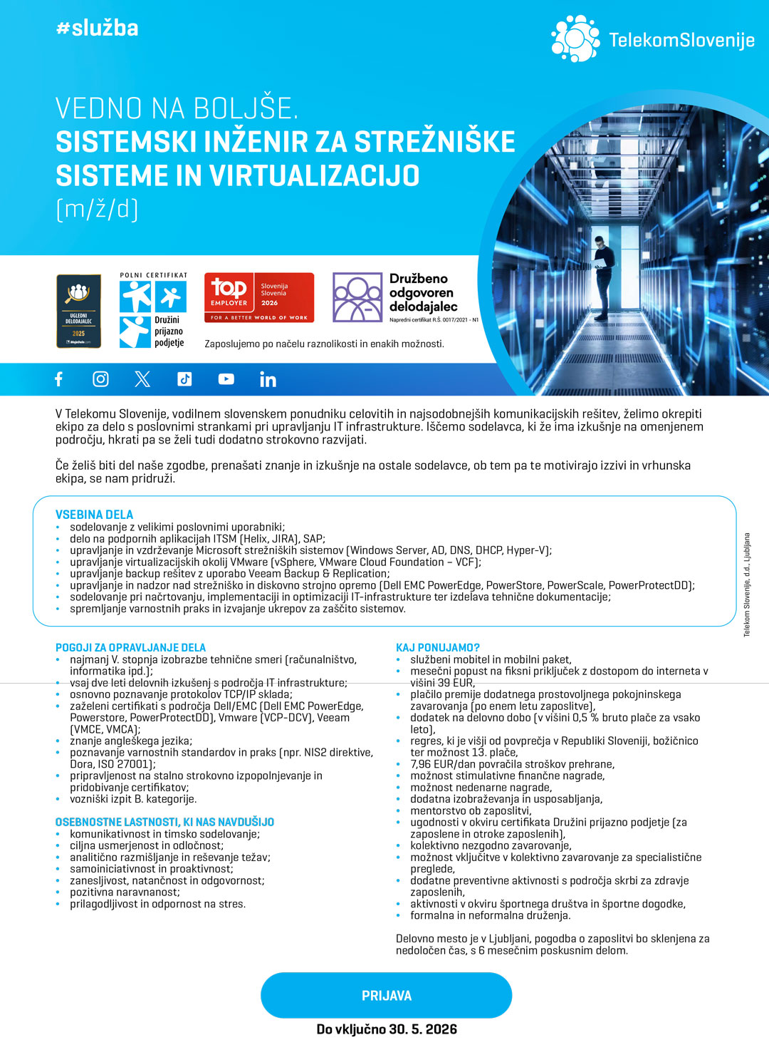 Sistemski inženir za strežniške sisteme in virtualizacijo (m/ž/d)