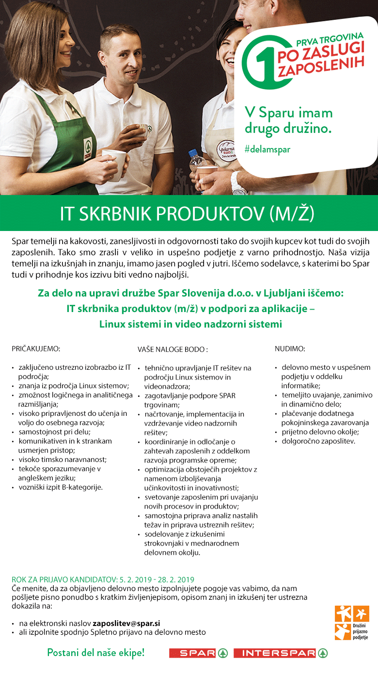 IT skrbnik produktov (m/ž) v podpori za aplikacije - Linux sistemi in video nadzorni sistemi