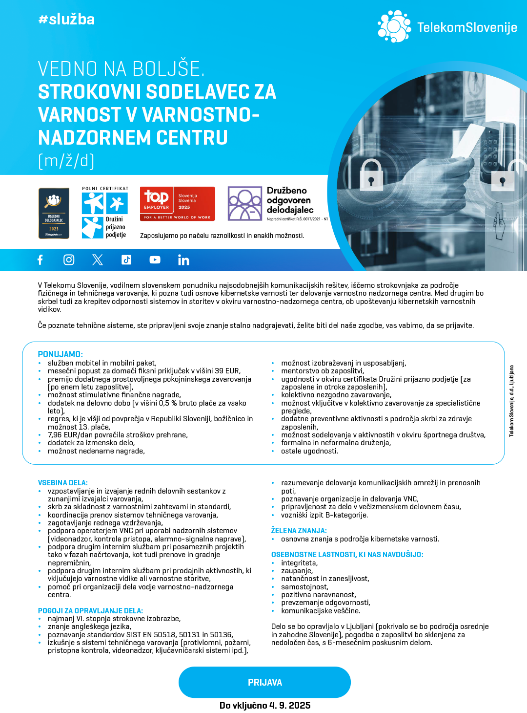 Strokovni sodelavec za varnost v varnostno-nadzornem centru (m/ž/d)