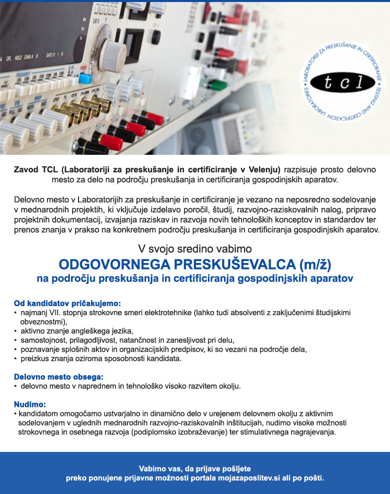 Odgovorni preskuševalec (m/ž) - na področju preskušanja in certificiranja gospodinjskih aparatov
